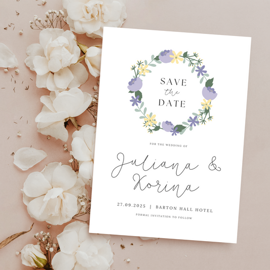 Printable Save The Date - Lilac Floral Wreath